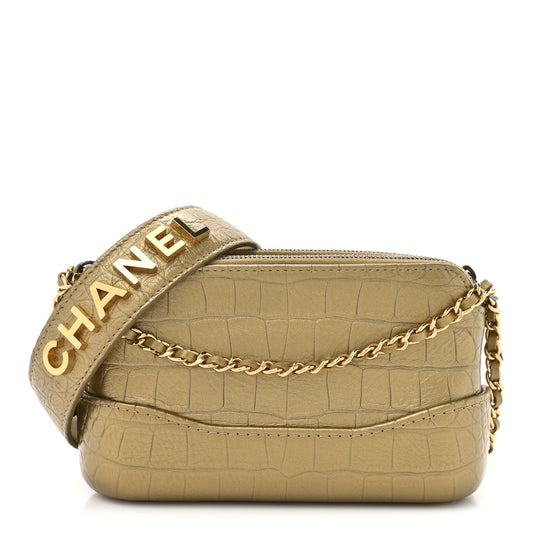 Metallic Calfskin Crocodile Embossed Small Gabrielle Clutch With Chain Gold