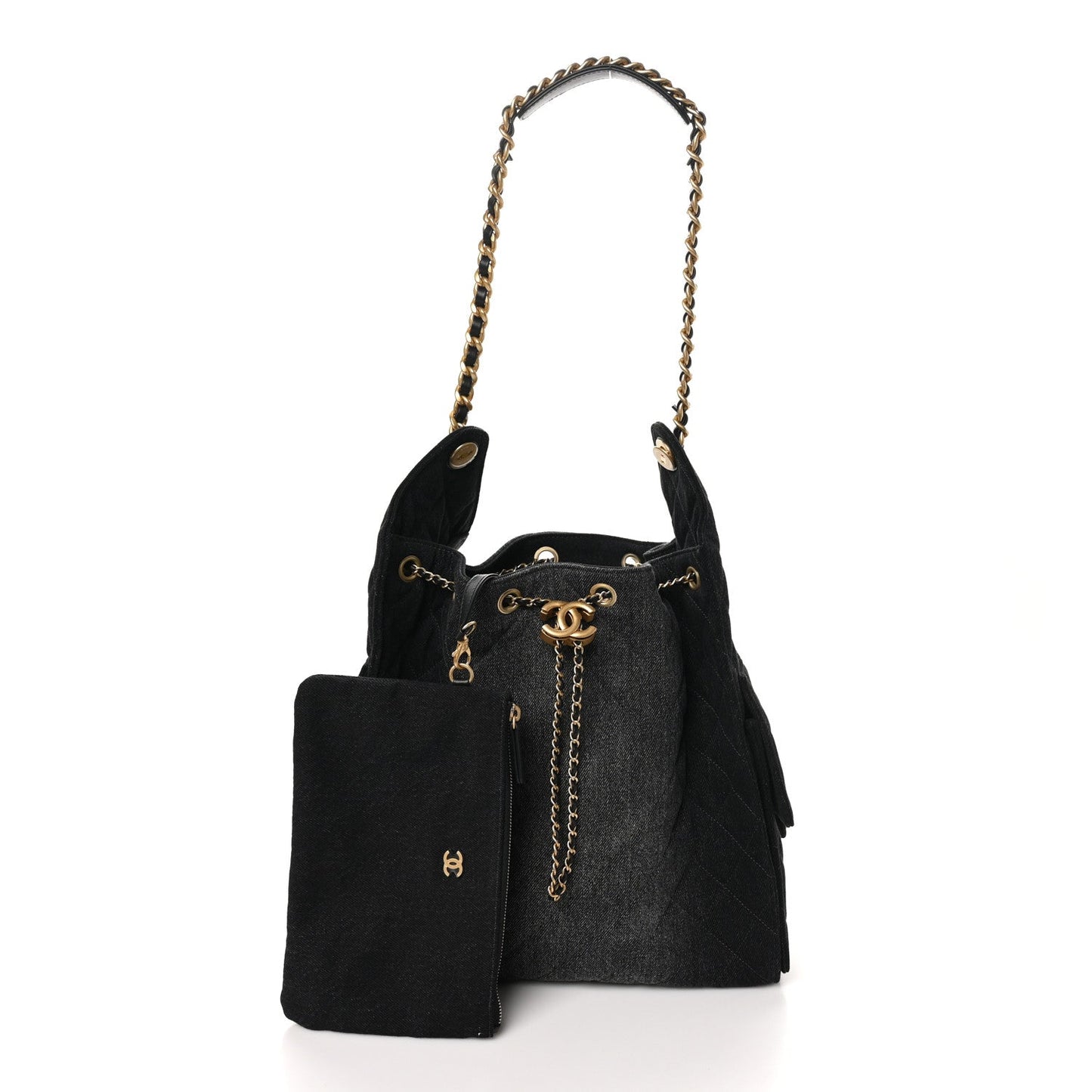 Washed Denim Quilted Medium Chanel 25 Handbag Black