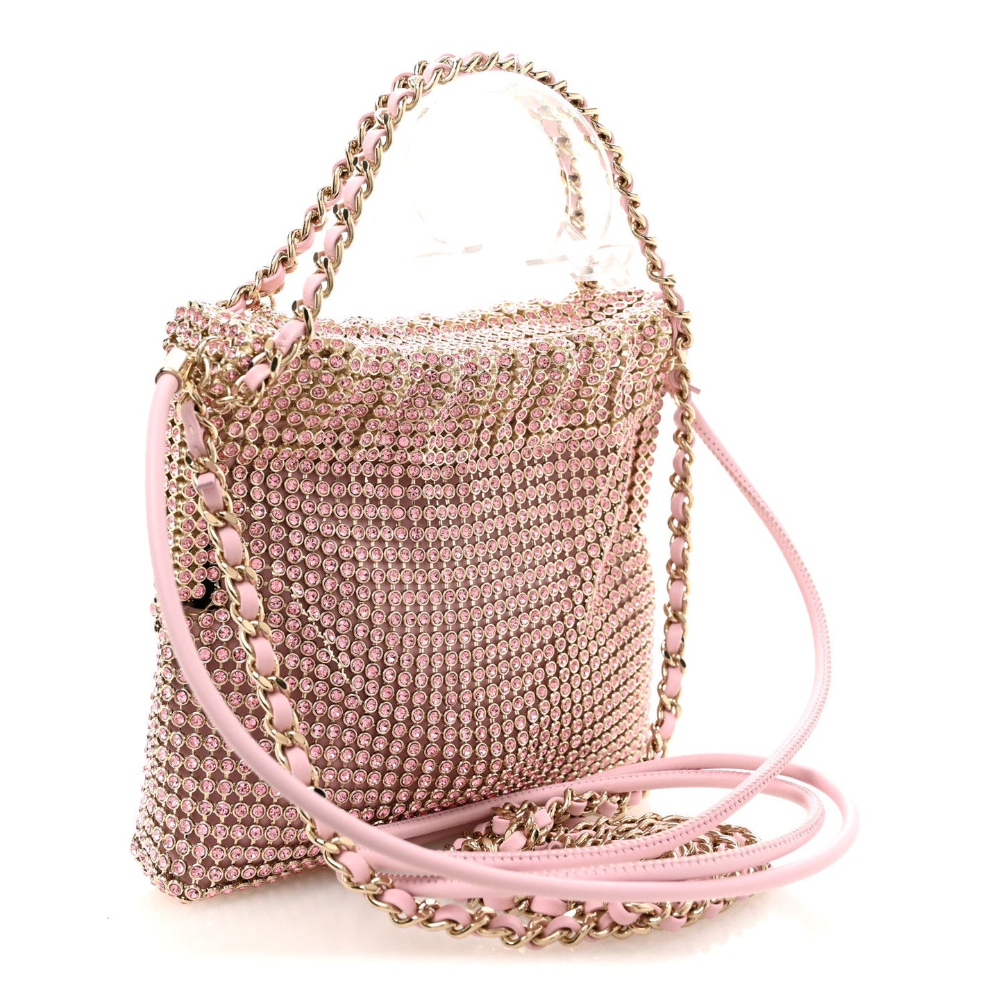 Crystal Embellished Metallic Lambskin Mini Chanel 22 Light Pink