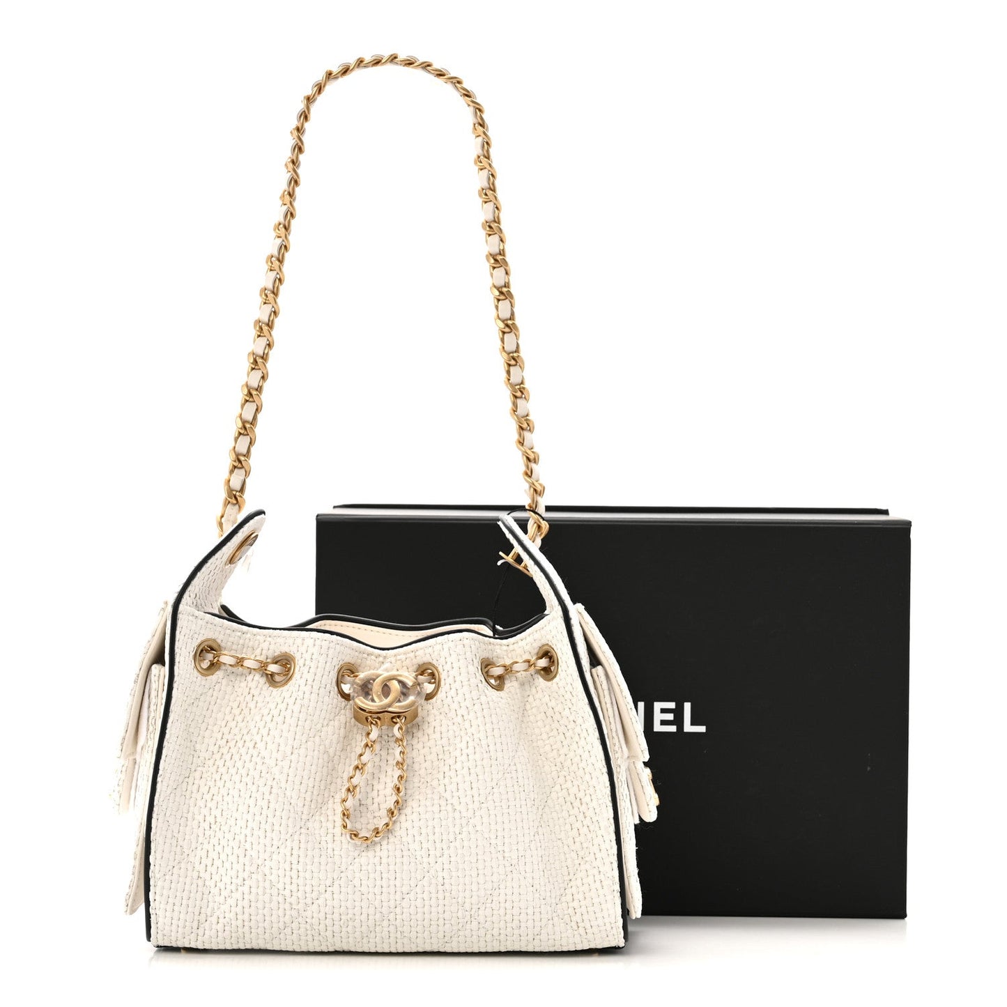Braided Raffia Calfskin Mini Chanel 25 Handbag White Black