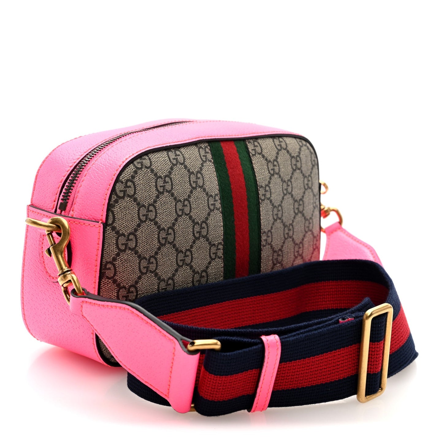 GG Supreme Monogram Textured Dollar Calfskin Web Ophidia Small Crossbody Bag Beige Ebony Fuchsia