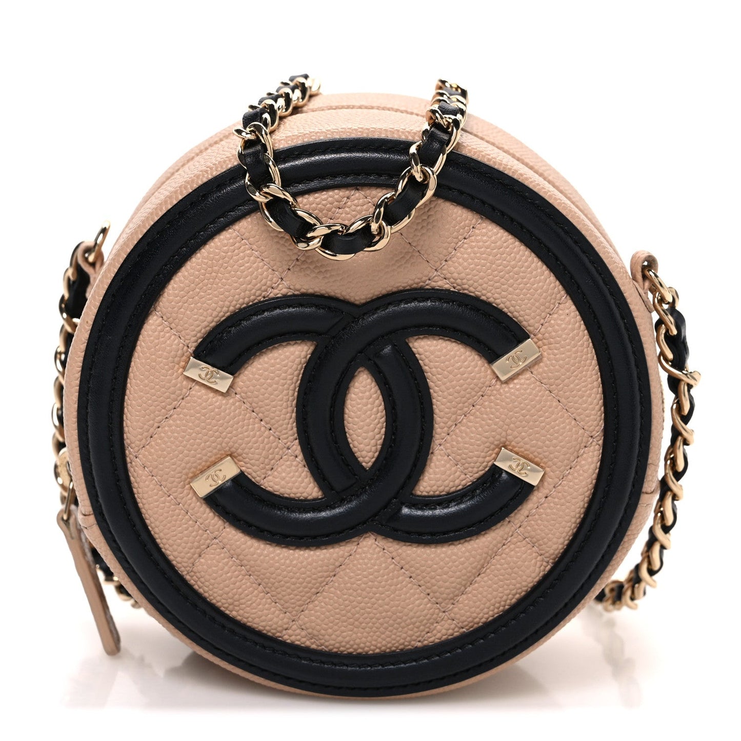 Caviar Quilted Round Filigree Crossbody Beige Black