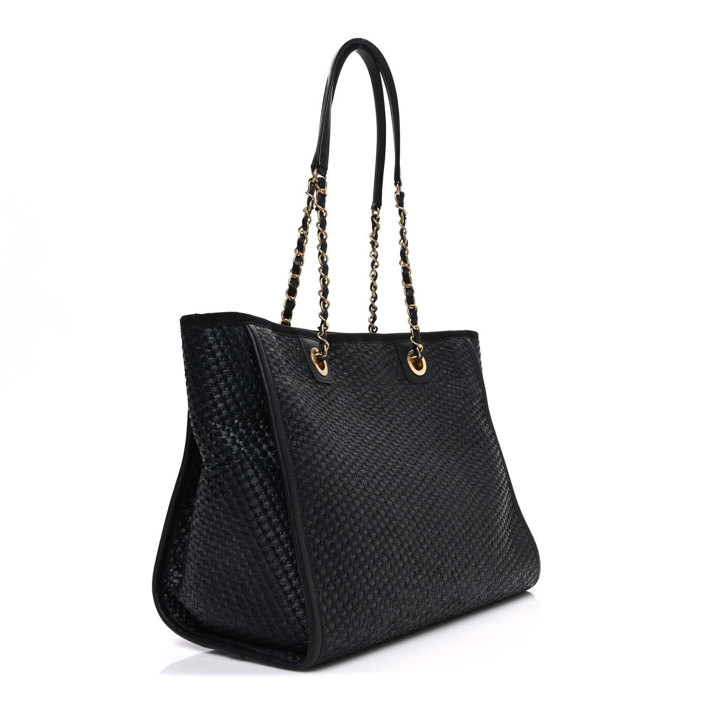 Straw Raffia Calfskin Chain Small Deauville Tote Black