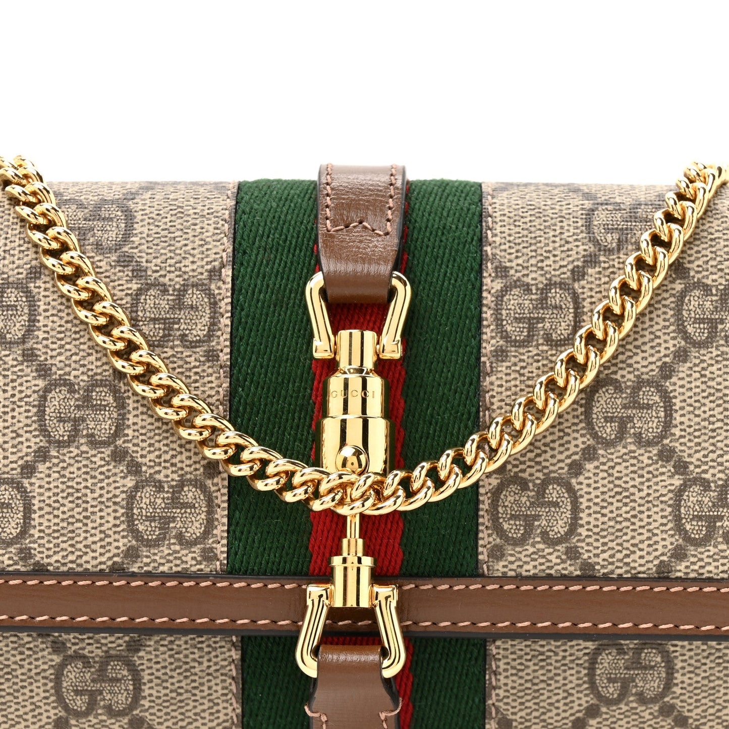 GG Supreme Monogram Azalea Calfskin Web Jackie 1961 Chain Wallet Beige Ebony Brown Sugar