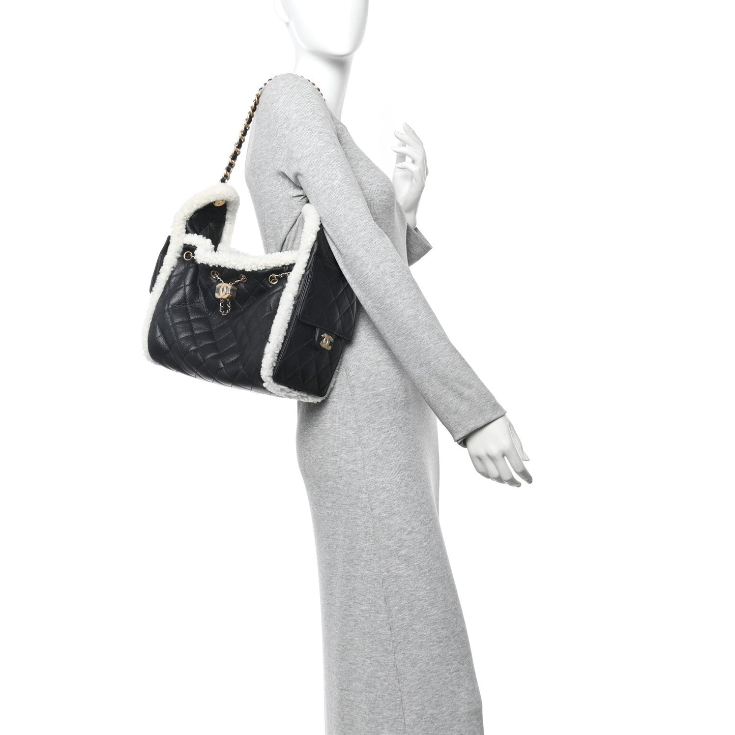 Crumpled Sheepskin Shearling Quilted Small Chanel 25 Handbag Black White