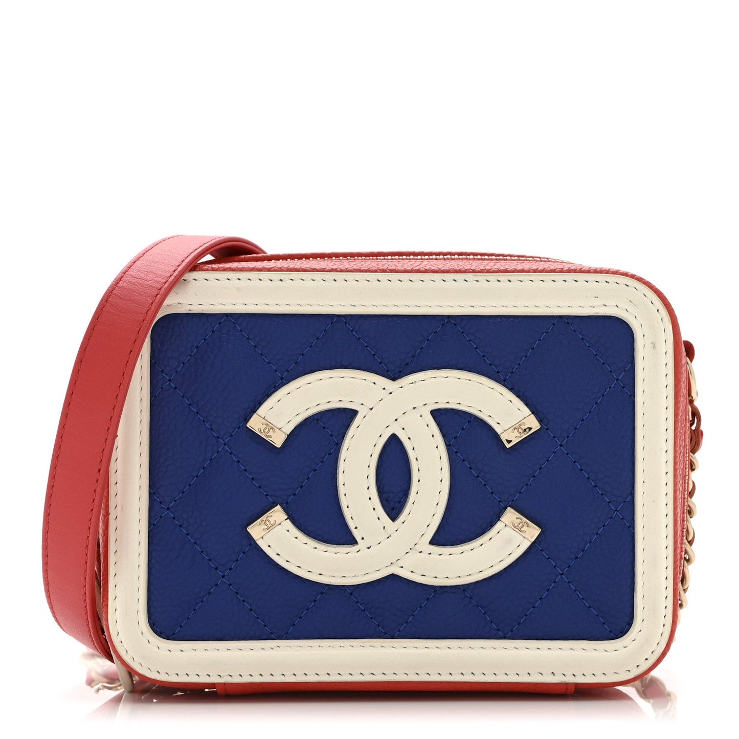 Caviar Quilted Filigree Vanity Clutch With Chain Blue White Red