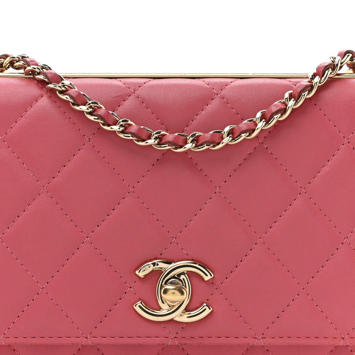 Lambskin Quilted Trendy CC Wallet On Chain WOC Bright Pink