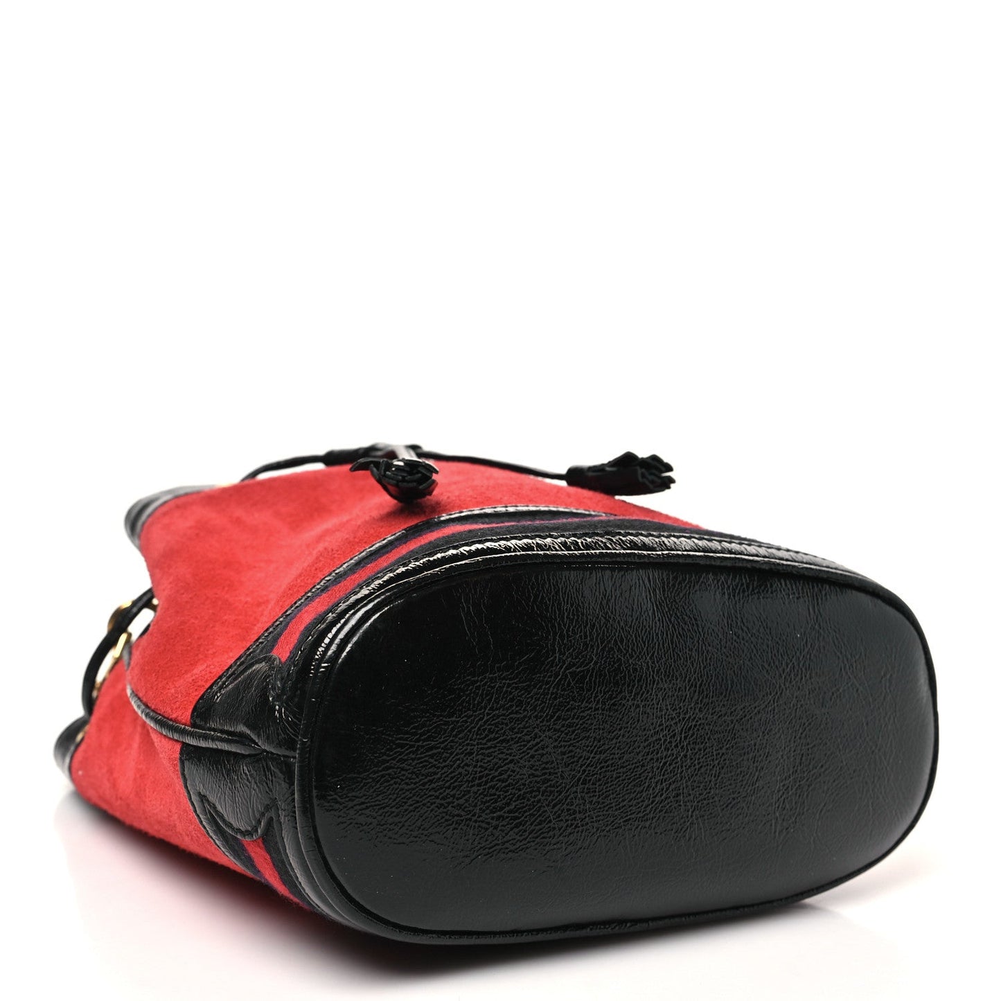 Suede Patent Web Small Ophidia Bucket Bag Hibiscus Red Black
