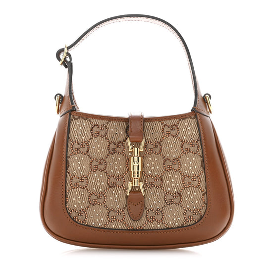New Canvas Charisma Calfskin Crystal GG Monogram Mini Jackie 1961 Hobo Camel Ebony