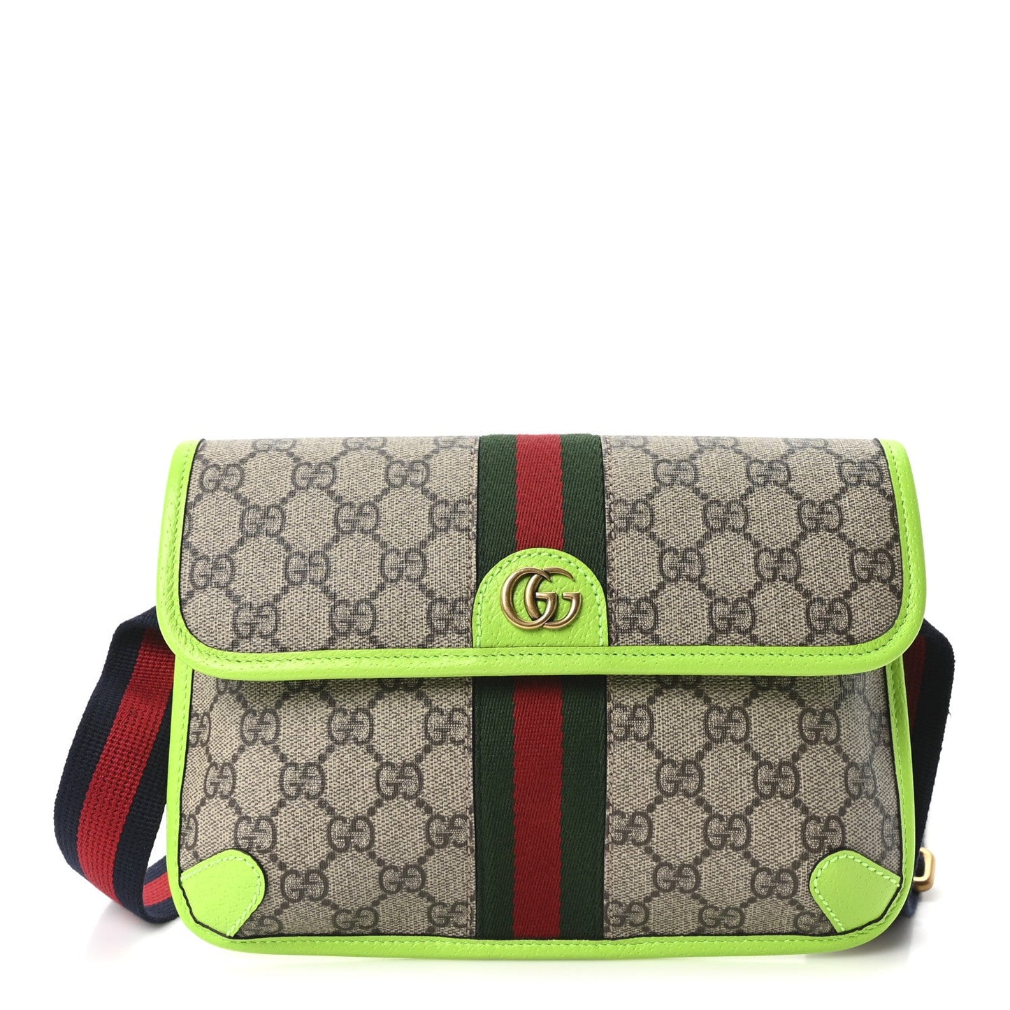 GG Supreme Monogram Web Small Ophidia Belt Bag Beige Ebony Electric Green