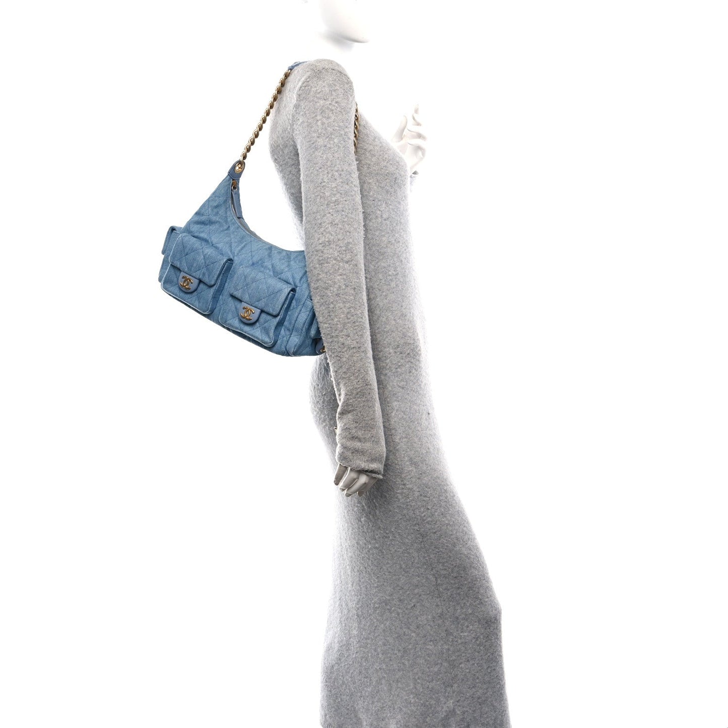 Washed Denim Quilted Large Trendy Pockets Hobo Blue