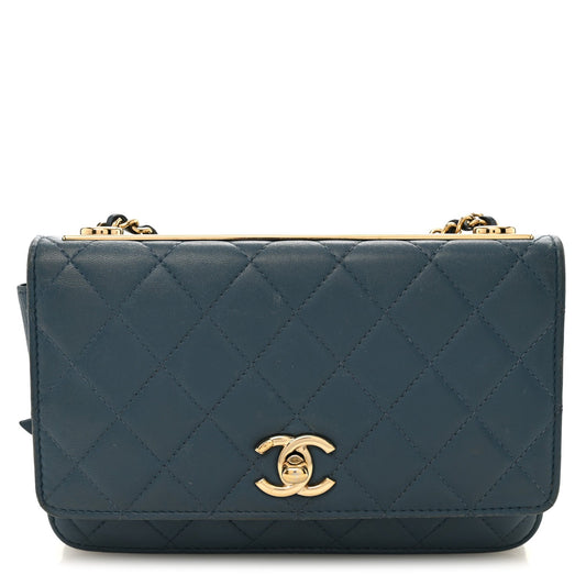 Lambskin Quilted Trendy CC Wallet On Chain WOC Blue