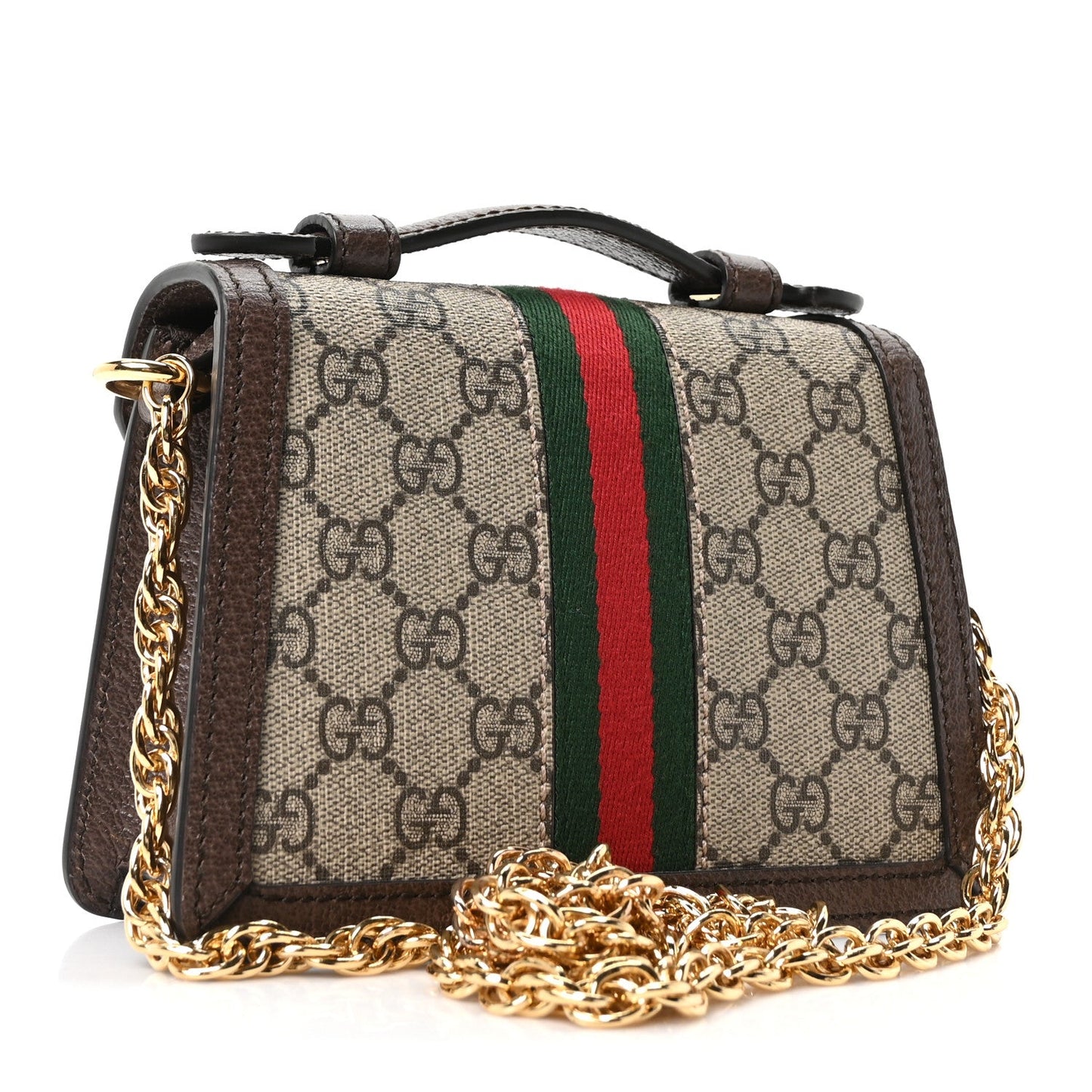 GG Supreme Monogram Textured Dollar Calfskin Web Mini Ophidia Padlock Top Handle Chain Shoulder Bag Beige Ebony New Acero