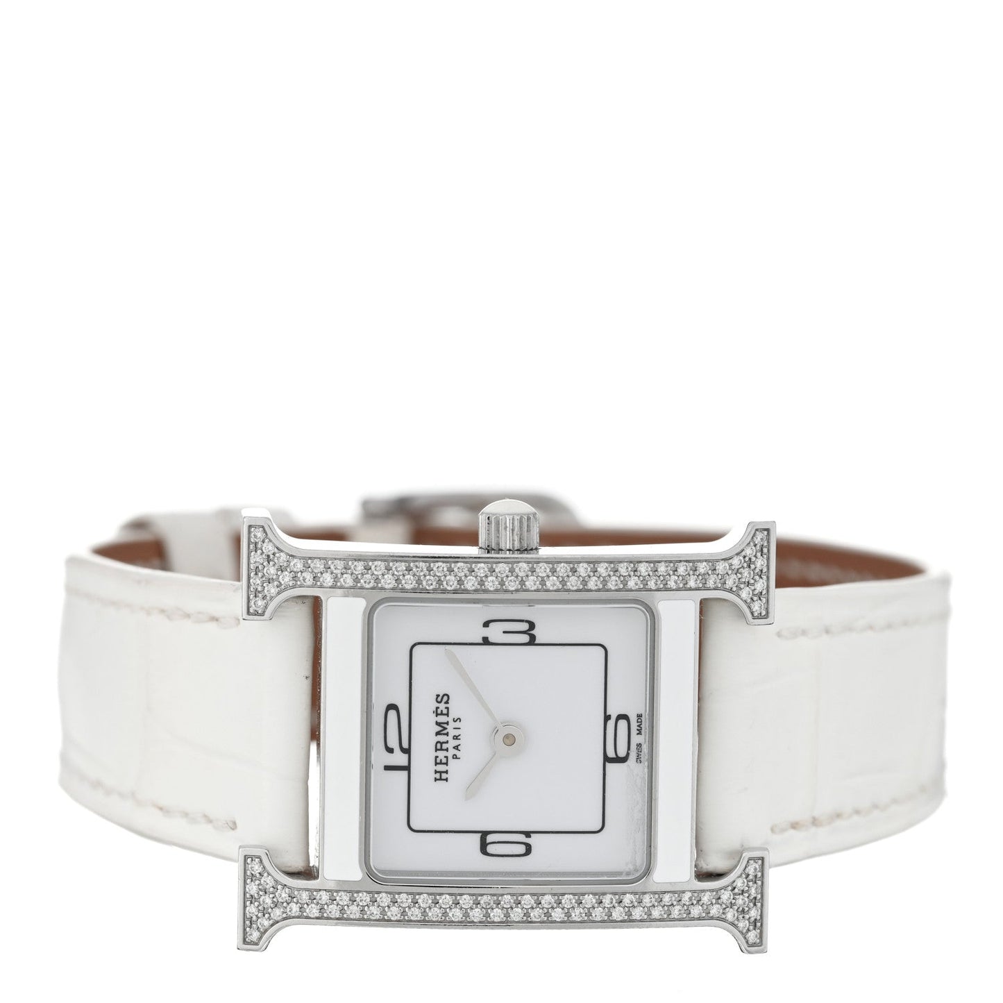 Stainless Steel Alligator Diamond Bezel Lacquer 21mm Heure H Hour Double Jeu Quartz Watch Blanc