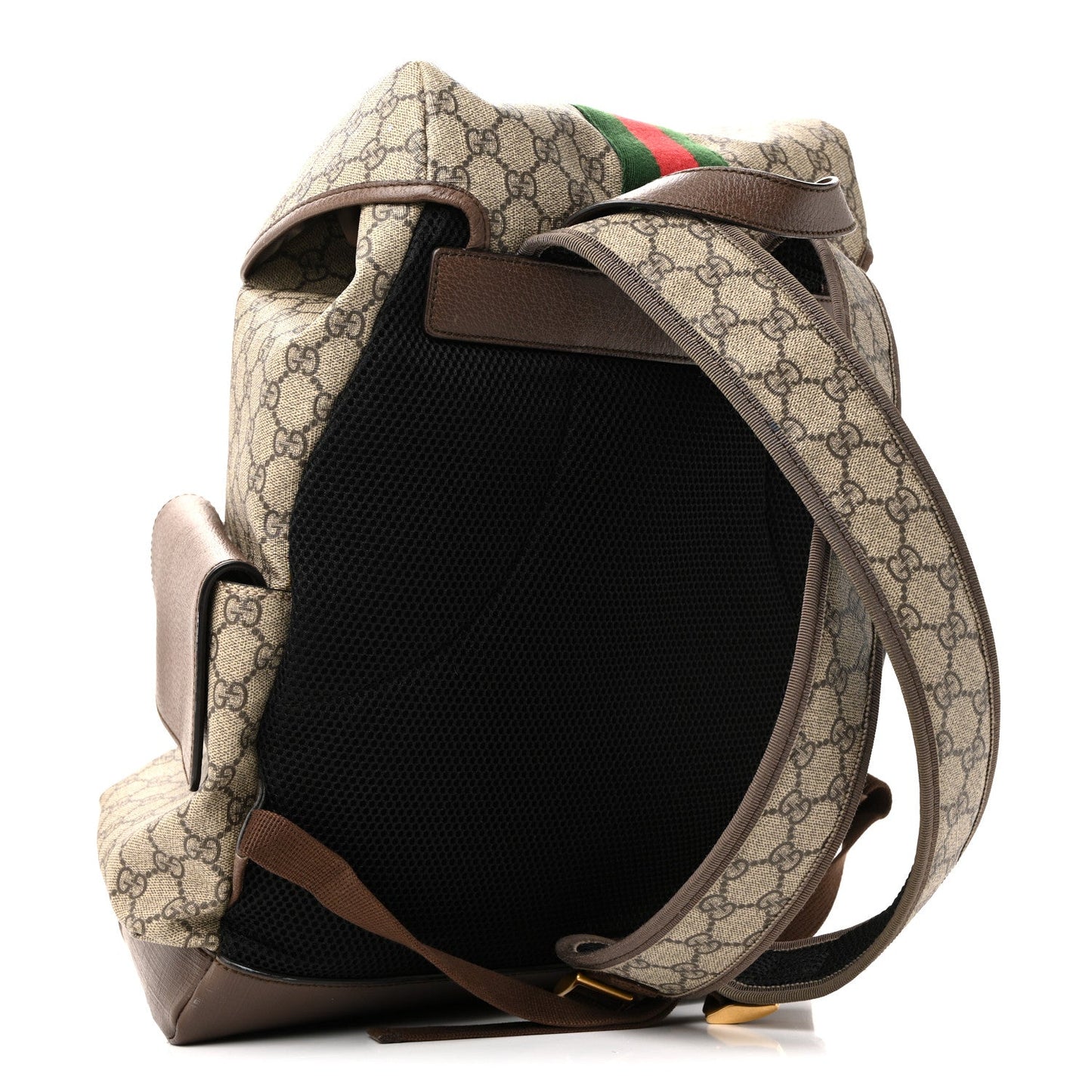 GG Supreme Monogram Medium Ophidia Double Buckle Backpack Brown