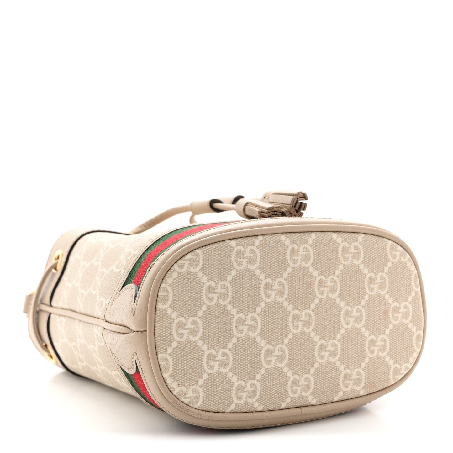 GG Supreme Monogram Textured Calfskin Web Mini Ophidia Bucket Bag Beige Ebony Mystic White Oatmeal