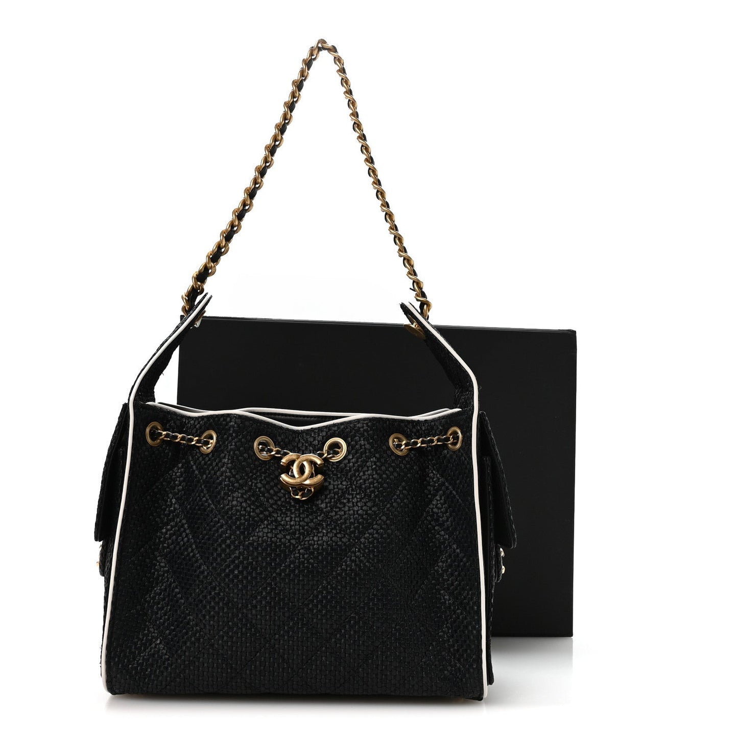 Braided Raffia Calfskin Small Chanel 25 Handbag Black White