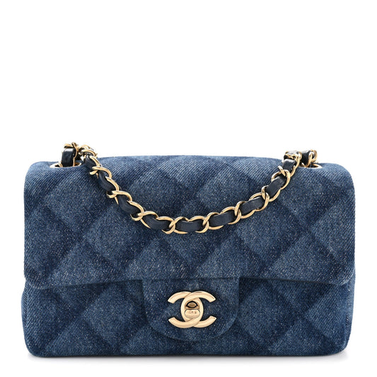 Printed Denim Quilted Mini Rectangular Flap Dark Blue