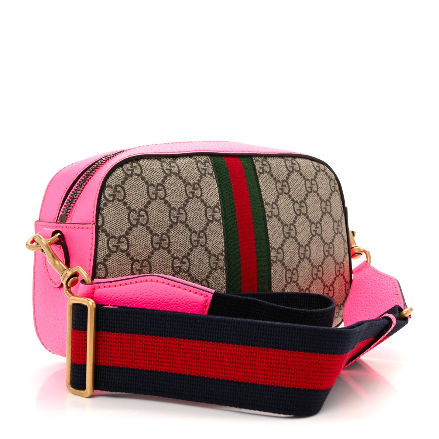 GG Supreme Monogram Textured Dollar Calfskin Web Ophidia Small Crossbody Bag Beige Ebony Fuchsia