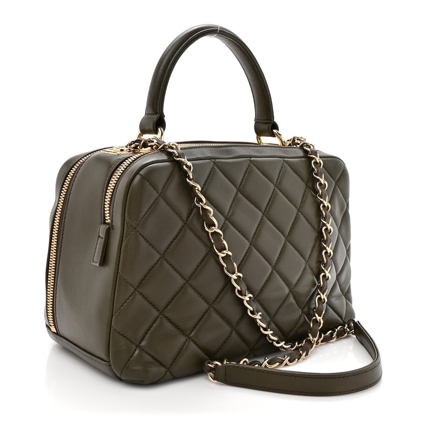 Lambskin Quilted Medium Trendy CC Bowling Bag Dark Khaki