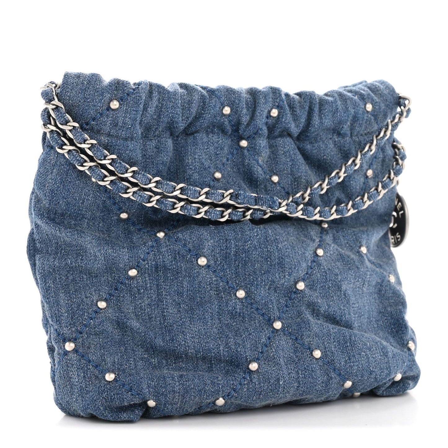 Washed Denim Quilted Studded Mini Chanel 22 Blue