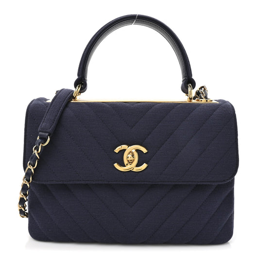 Jersey Chevron Quilted Small Trendy CC Dual Handle Flap Bag Navy Blue