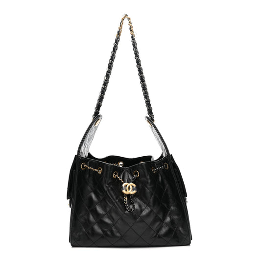 Shiny Crumpled Calfskin Quilted Small Chanel 25 Handbag Black