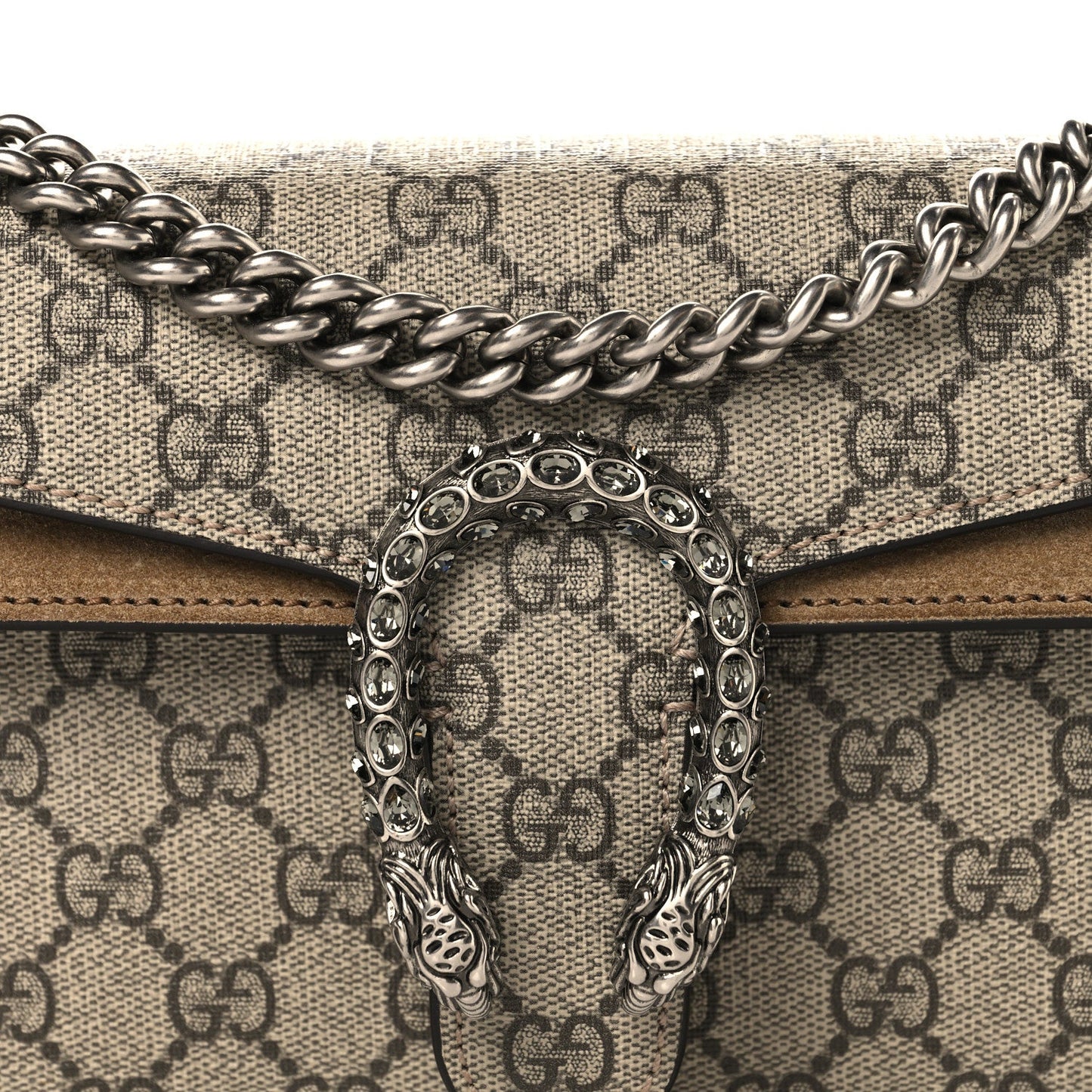 GG Supreme Monogram Suede Crystal Small Dionysus Shoulder Bag Beige Ebony Taupe