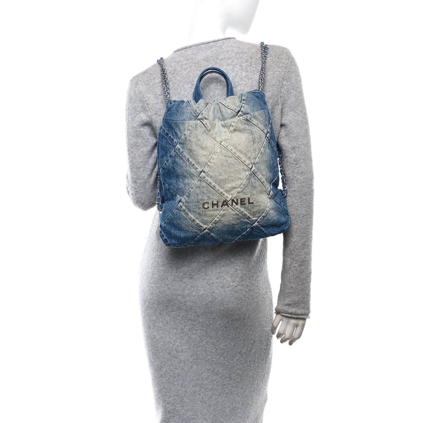 Denim Quilted Chanel 22 Backpack Blue
