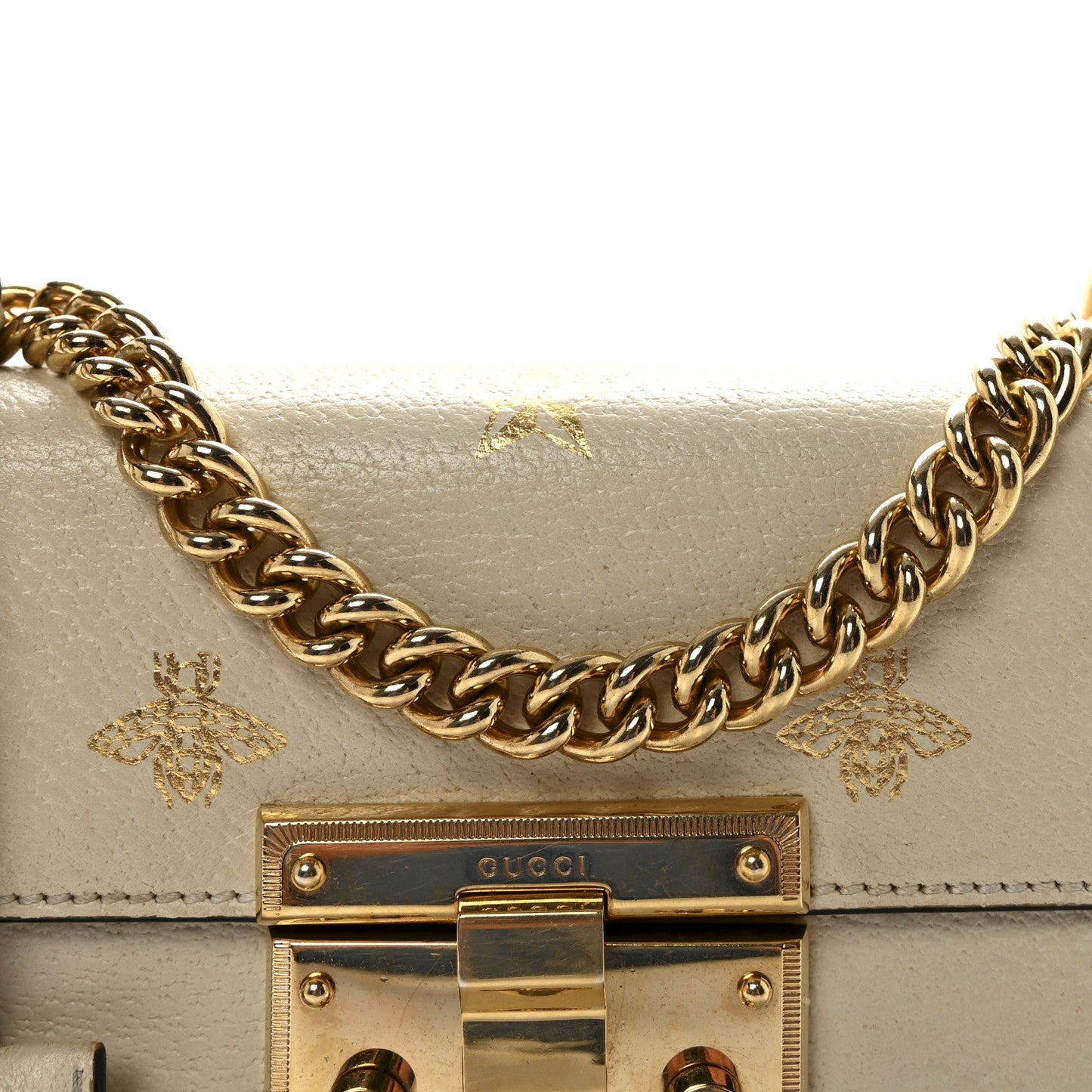 Grained Calfskin Bee Star Small Padlock Shoulder Bag White