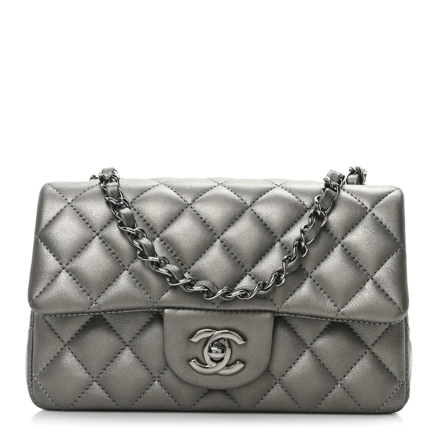 Metallic Lambskin Quilted Mini Rectangular Flap  Dark Grey
