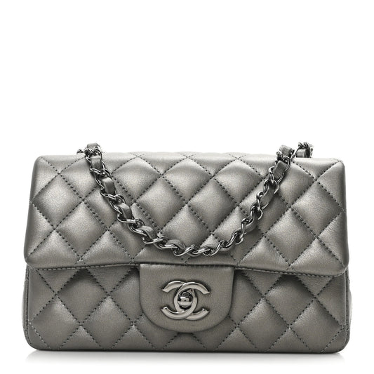 Metallic Lambskin Quilted Mini Rectangular Flap  Dark Grey