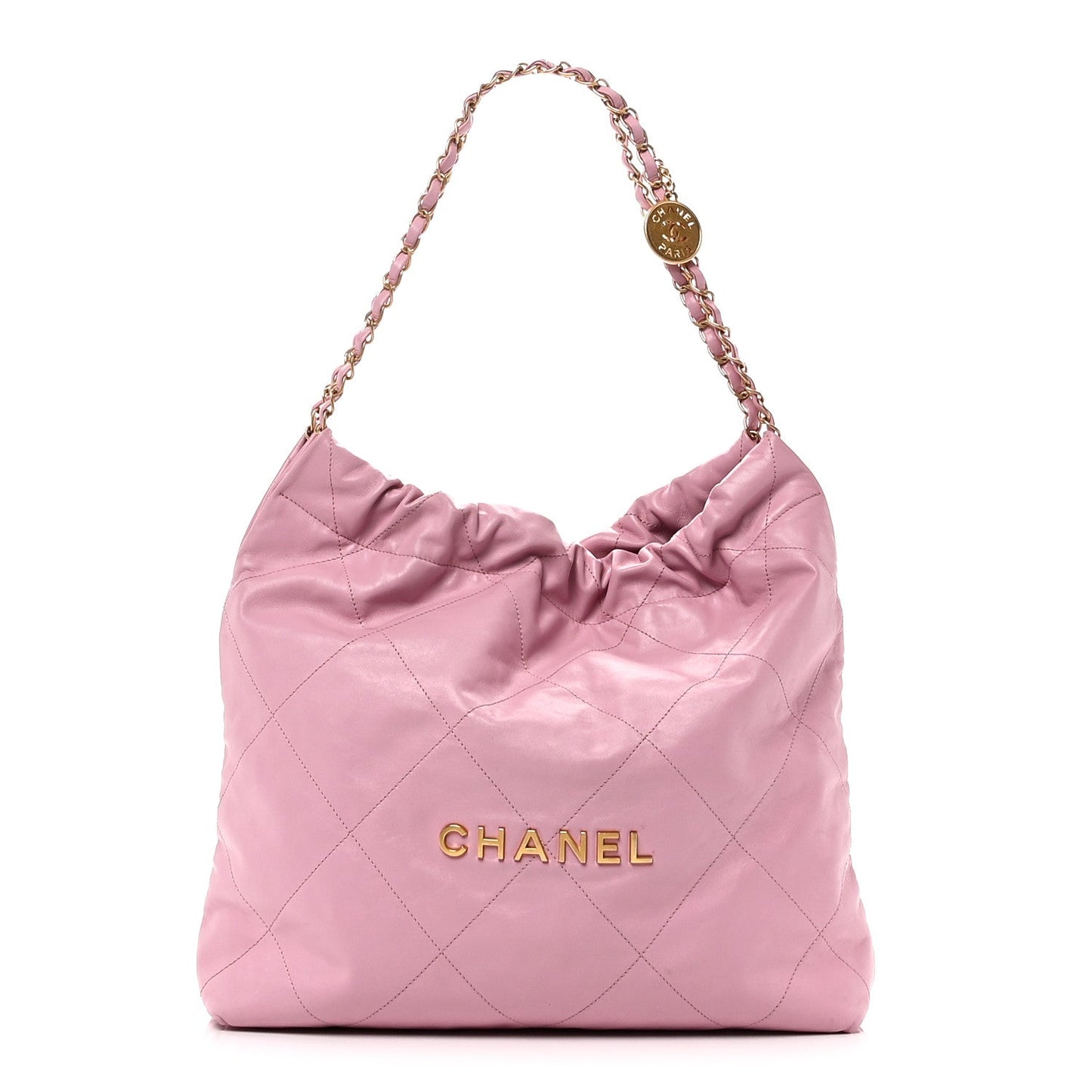 Shiny Calfskin Quilted Chanel 22 Drawstring Bag Pink
