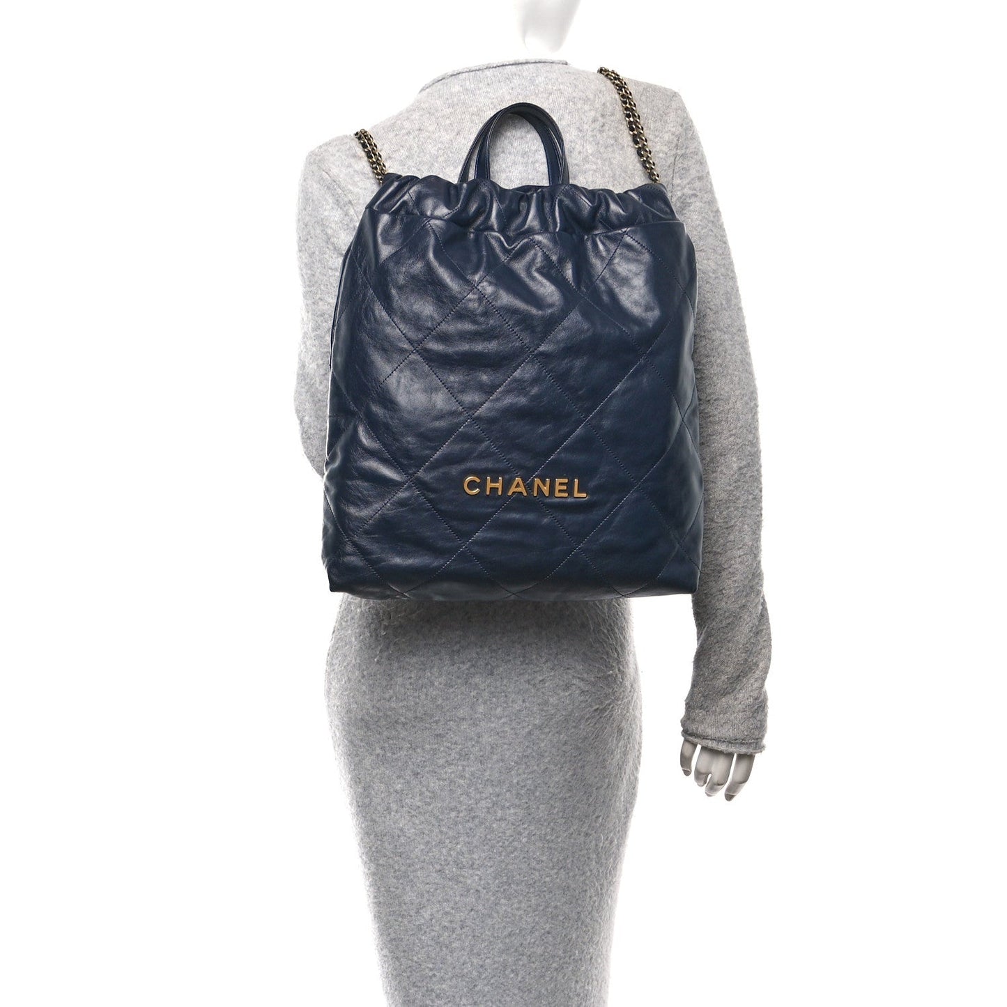 Shiny Calfskin Quilted Chanel 22 Backpack Dark Blue