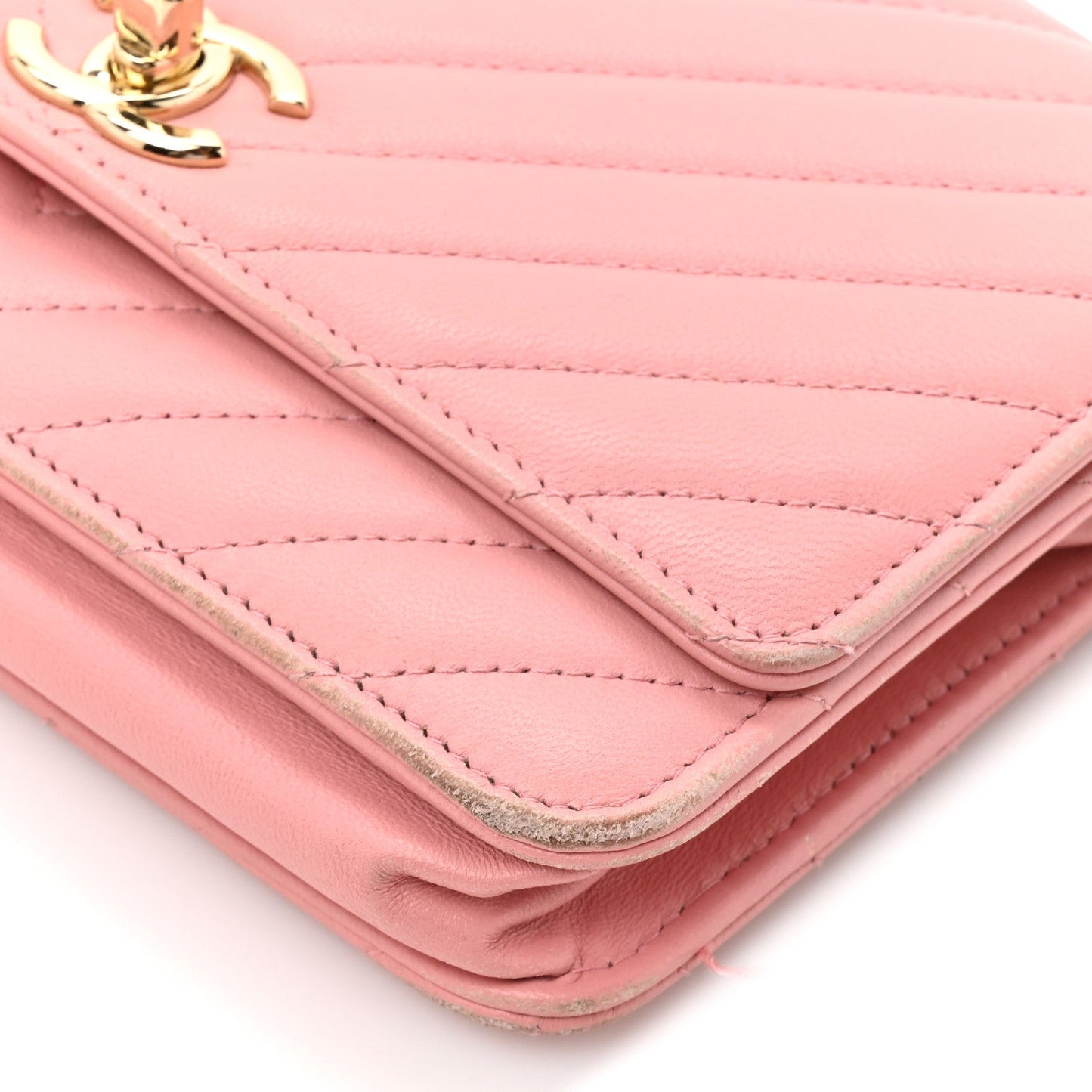 Lambskin Chevron Quilted Trendy CC Wallet On Chain WOC Pink