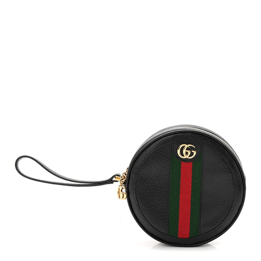 Textured Calfskin Web Ophidia Round Wrist Wallet Black