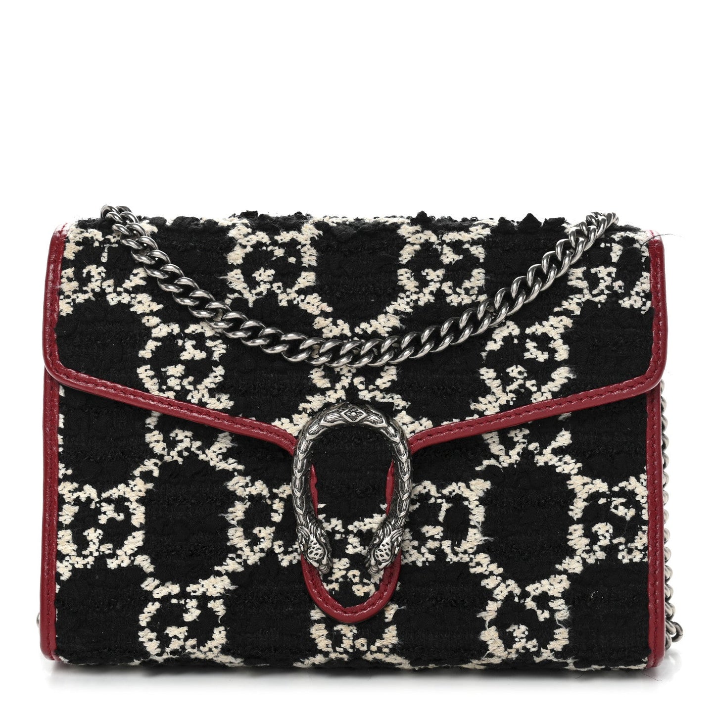 Tweed GG Monogram Mini Dionysus Chain Wallet Black White Romantic Cherry