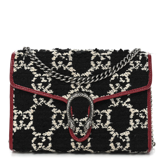 Tweed GG Monogram Mini Dionysus Chain Wallet Black White Romantic Cherry