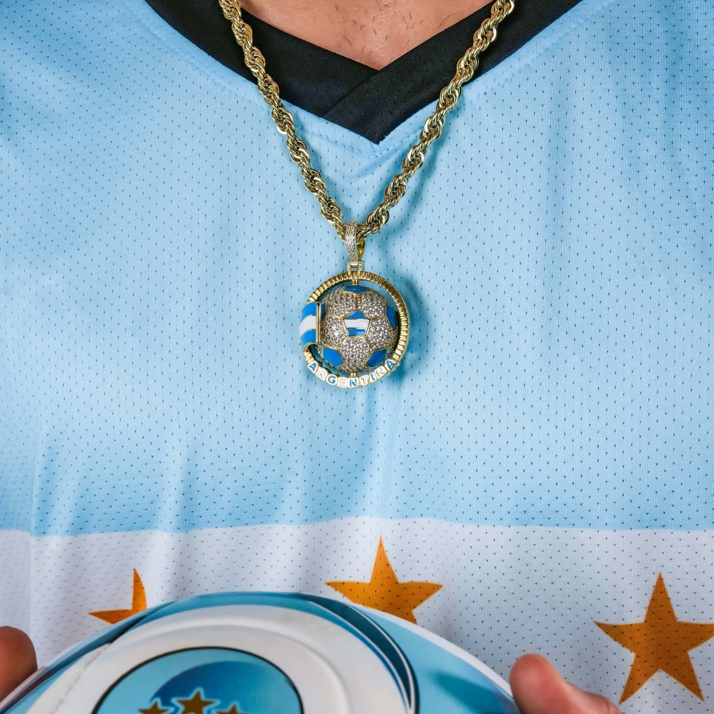 Diamond Argentina Spinning Globe Flag Pendant in Yellow Gold