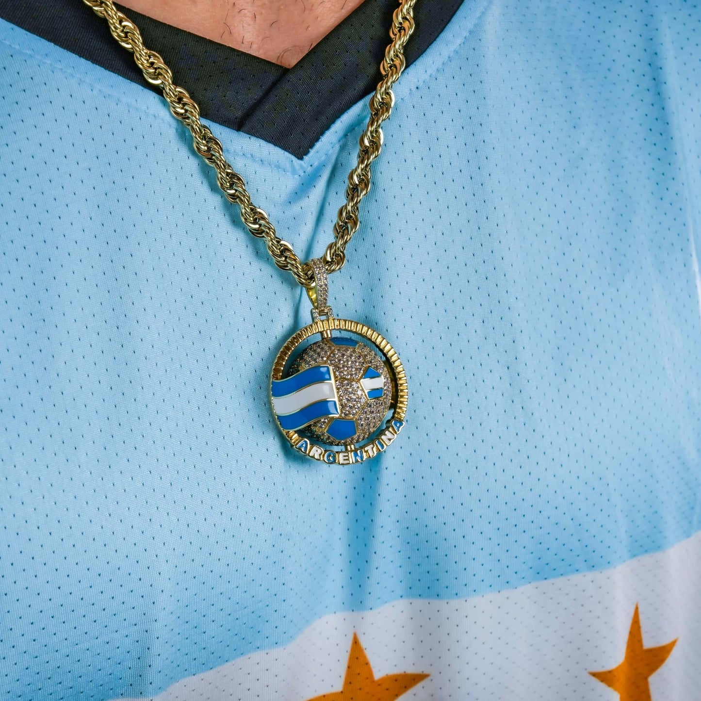 Diamond Argentina Spinning Globe Flag Pendant in Yellow Gold