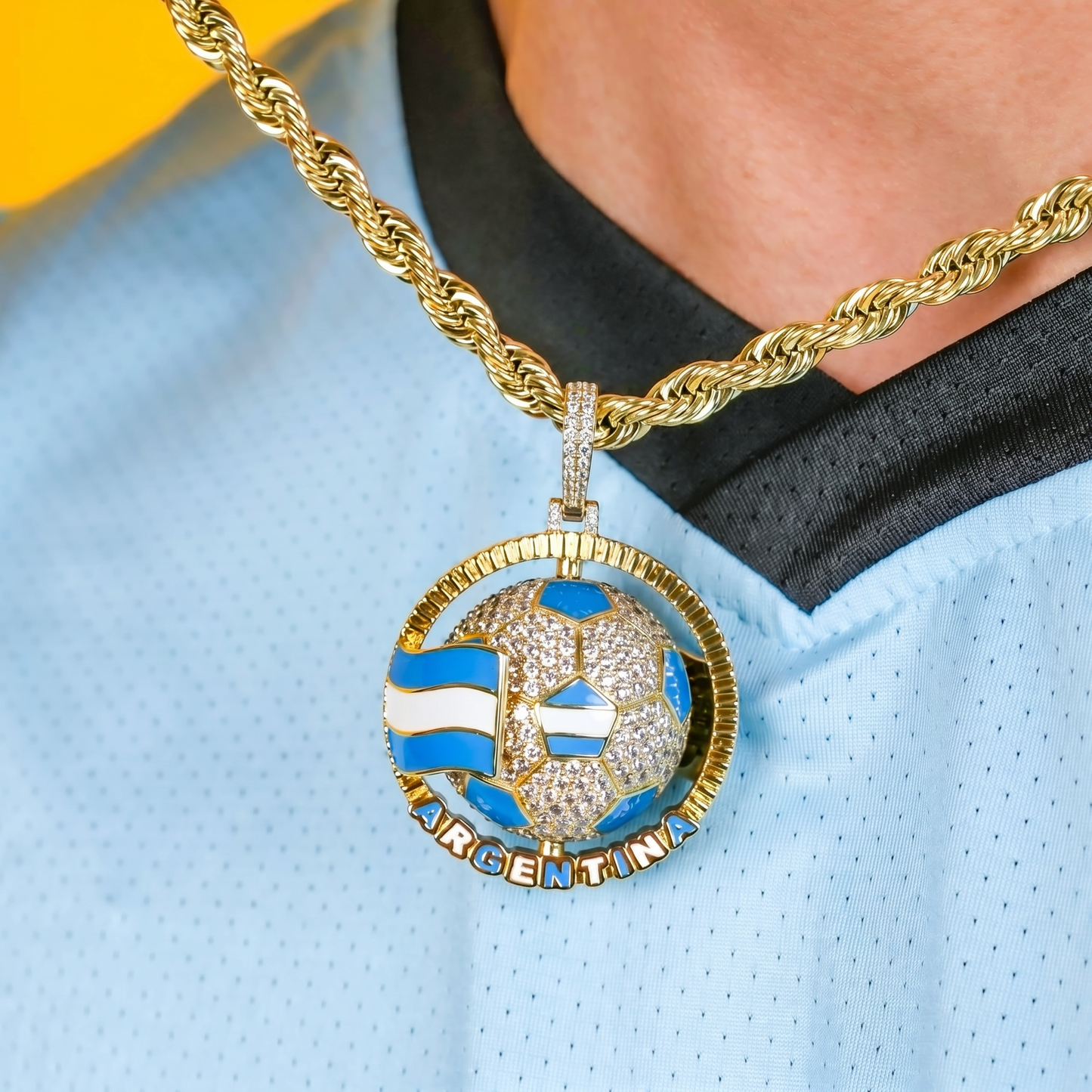 Diamond Argentina Spinning Globe Flag Pendant in Yellow Gold