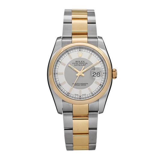 Stainless Steel 18K Yellow Gold 36mm Oyster Perpetual Datejust Watch Silver 116203