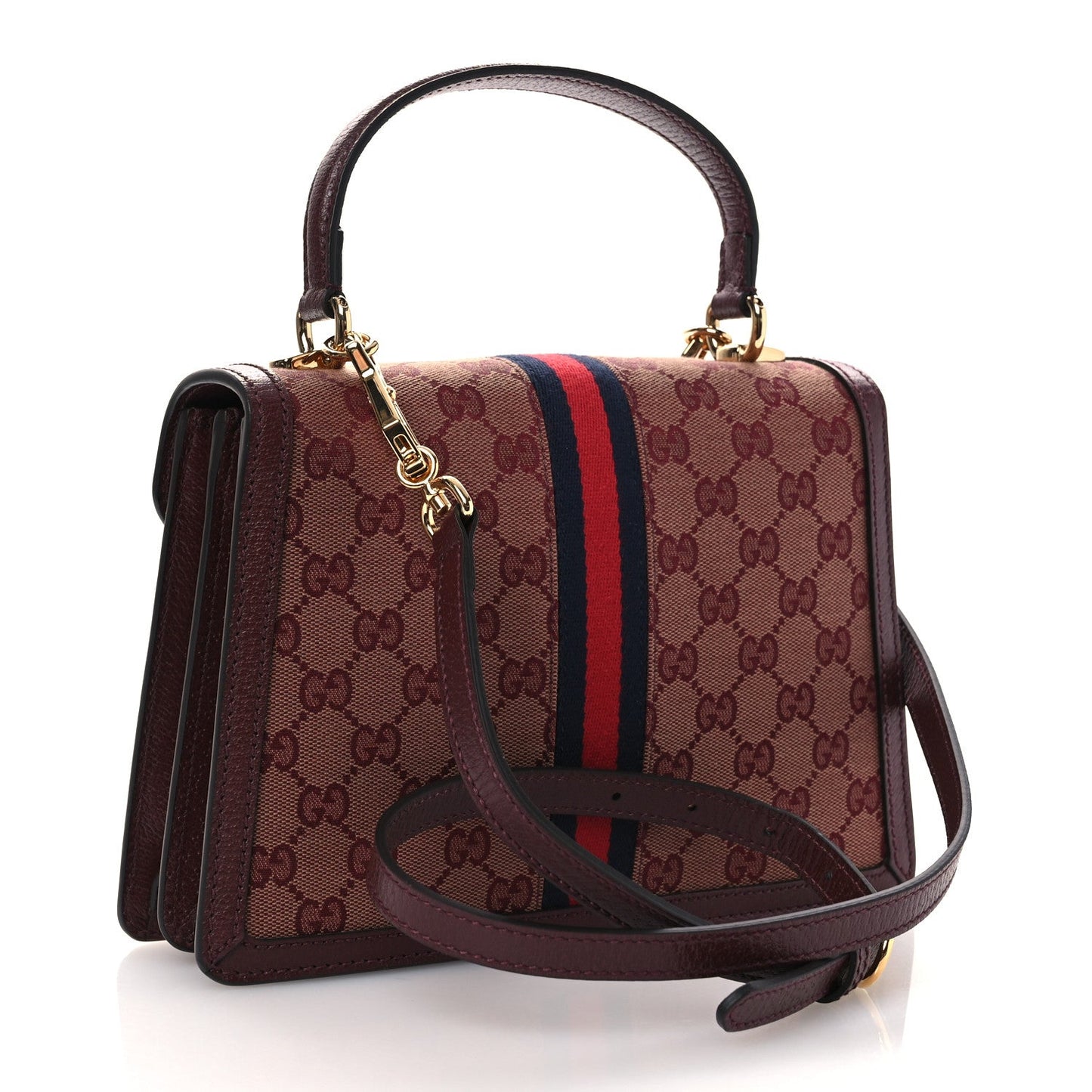 GG Supreme Monogram Textured Dollar Calfskin Web Small Ophidia Padlock Top Handle Bag Bordeaux
