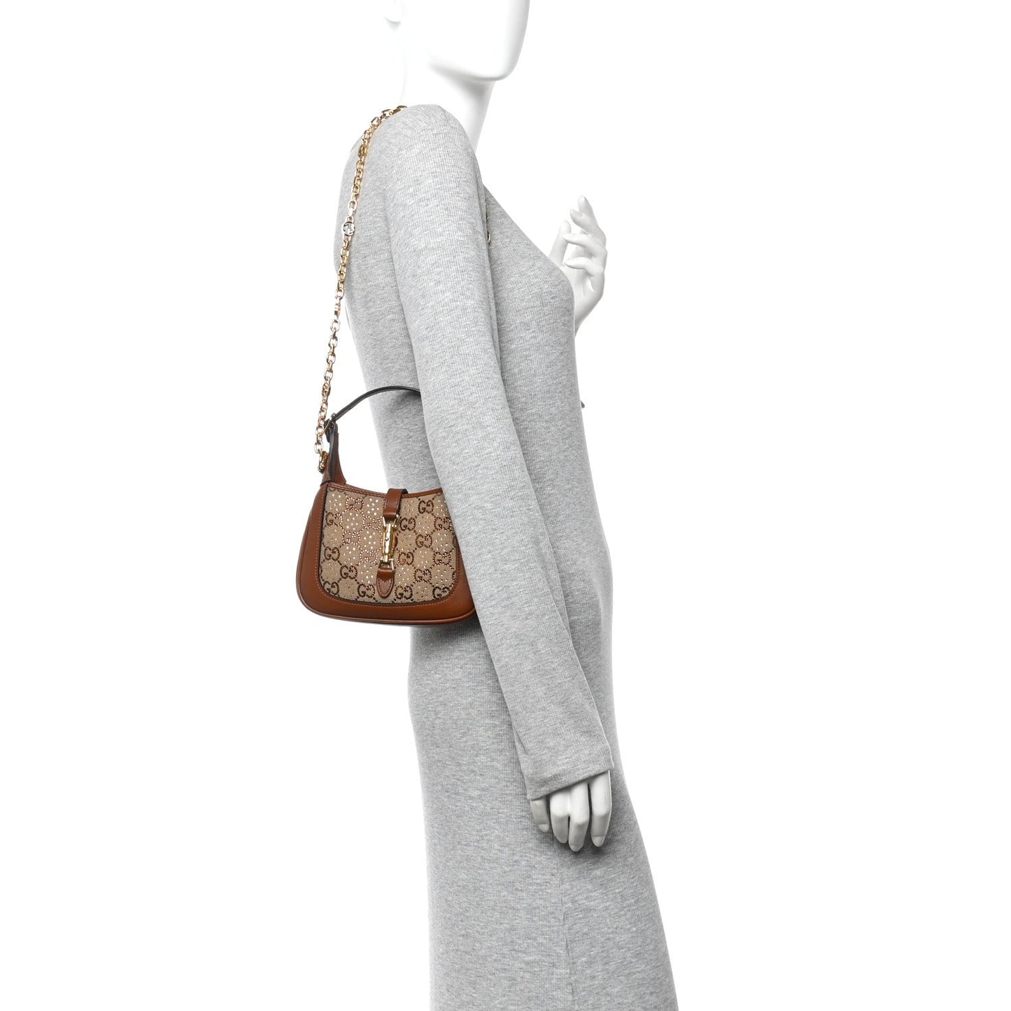 New Canvas Charisma Calfskin Crystal GG Monogram Mini Jackie 1961 Hobo Camel Ebony