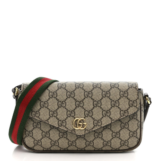 GG Supreme Monogram Textured Dollar Calfskin Web Mini Ophidia Envelope Shoulder Bag Beige Ebony New Acero