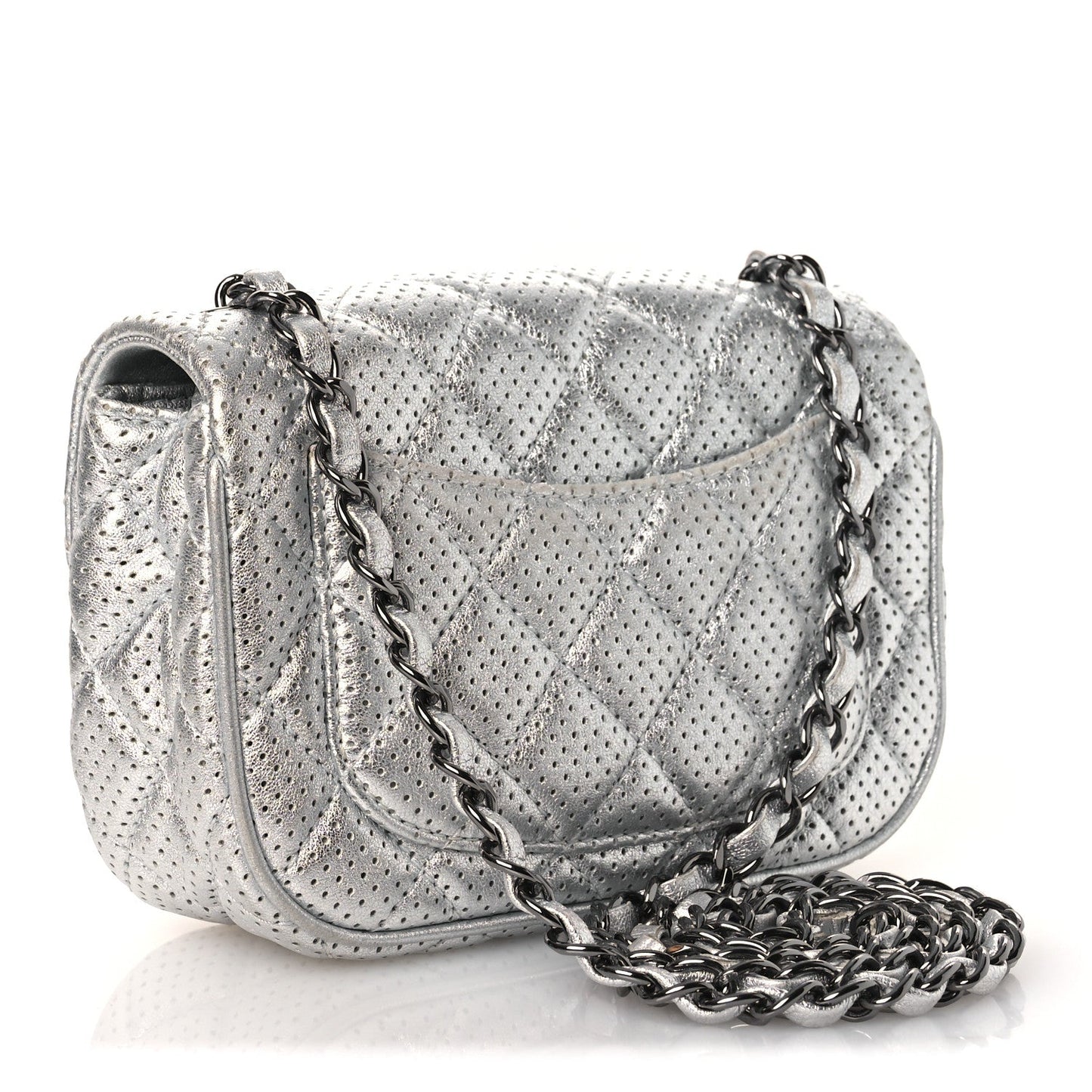 Metallic Lambskin Perforated Mini Rectangular Flap Silver