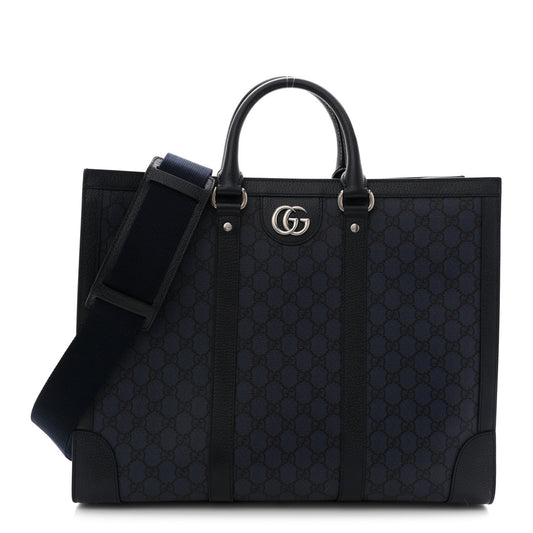 GG Supreme Monogram Textured Dollar Calfskin Large Ophidia Tote Bag Black Blue