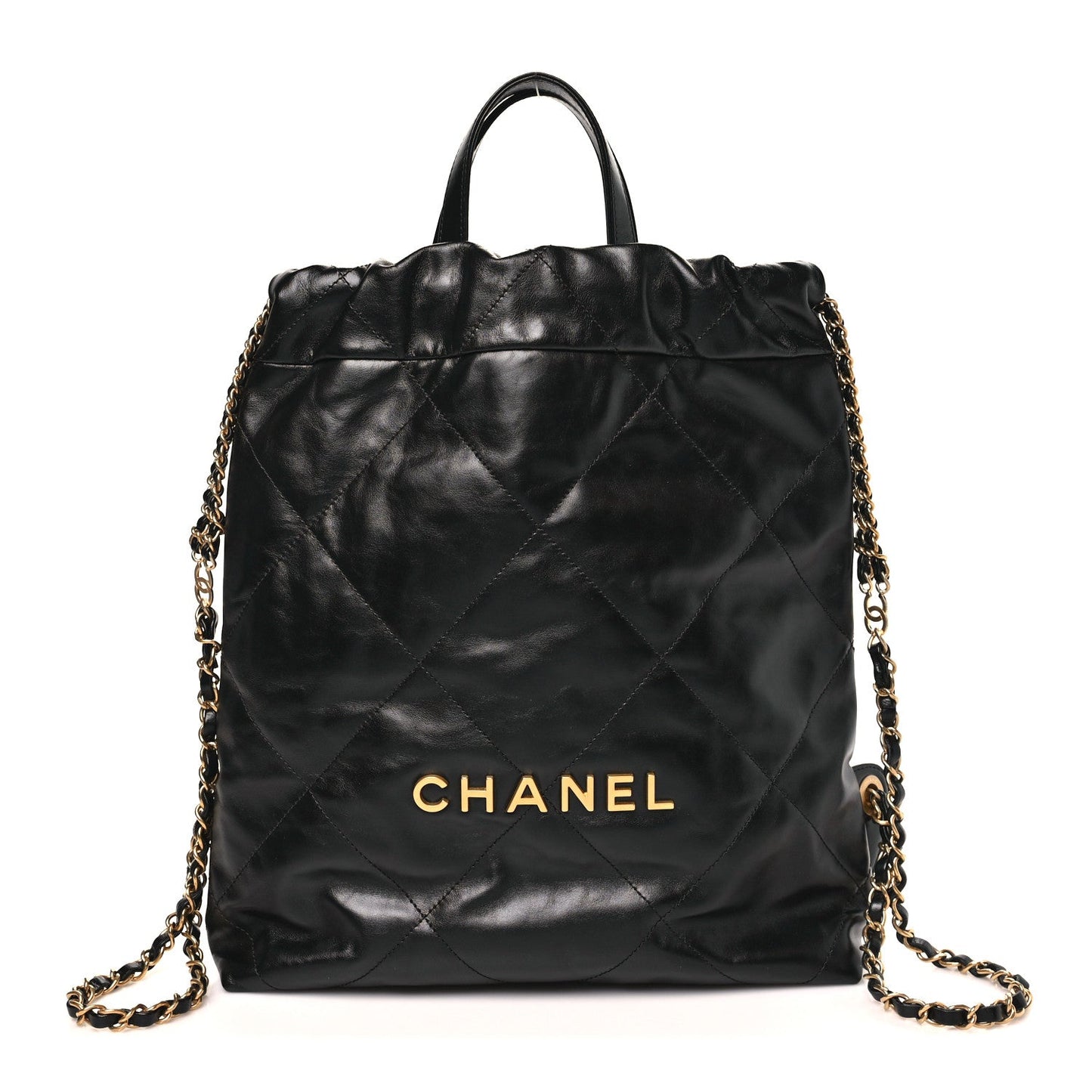 Shiny Calfskin Quilted Chanel 22 Backpack Black