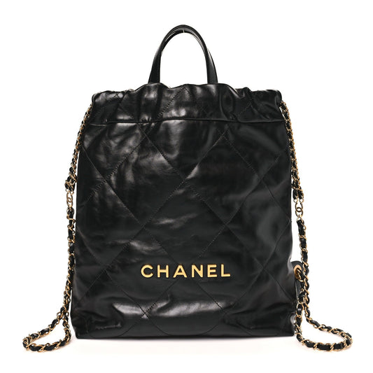 Shiny Calfskin Quilted Chanel 22 Backpack Black