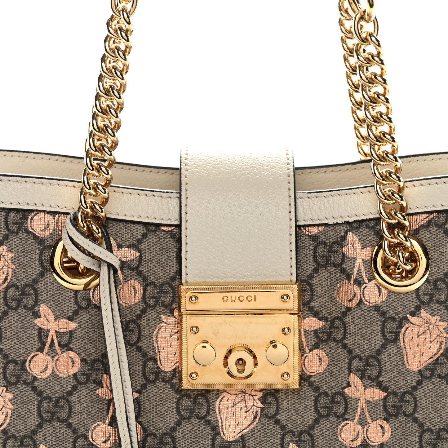GG Supreme Monogram Berry Textured Dollar Calfskin Small Padlock Tote Beige Ebony Light Copper Mystic White